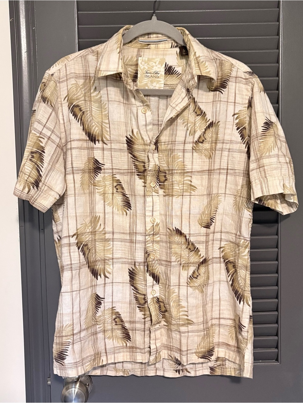 Tasso Elba Beige and Brown Linen Cotton Palm-Print Short-Sleeve Button-Up Shirt